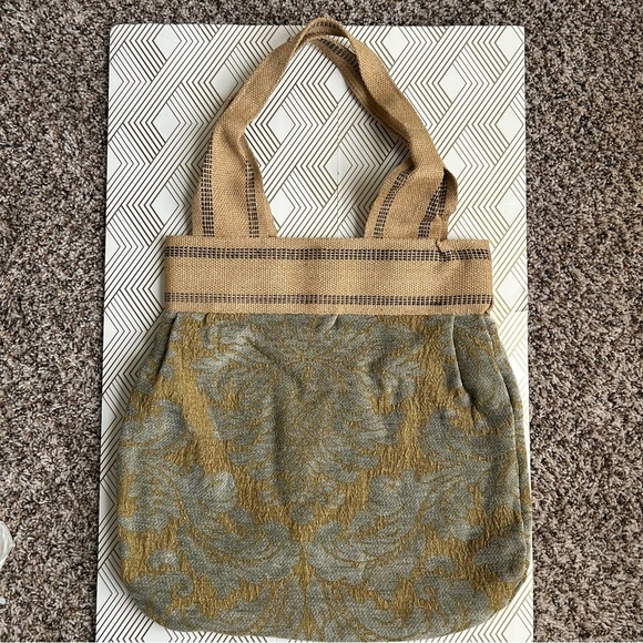 Handmade Tapestry Boho Large Tote Bag Blue and Ochre‎ with Woven Burlap Details - Picture 1 of 8